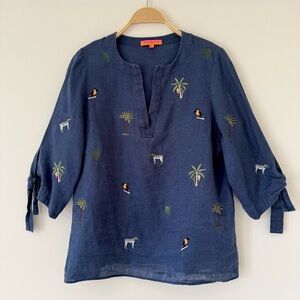 Vilagallo Navy Linen Embroidered Tropical Blouse with Toucan & Palm Motifs Sz 12